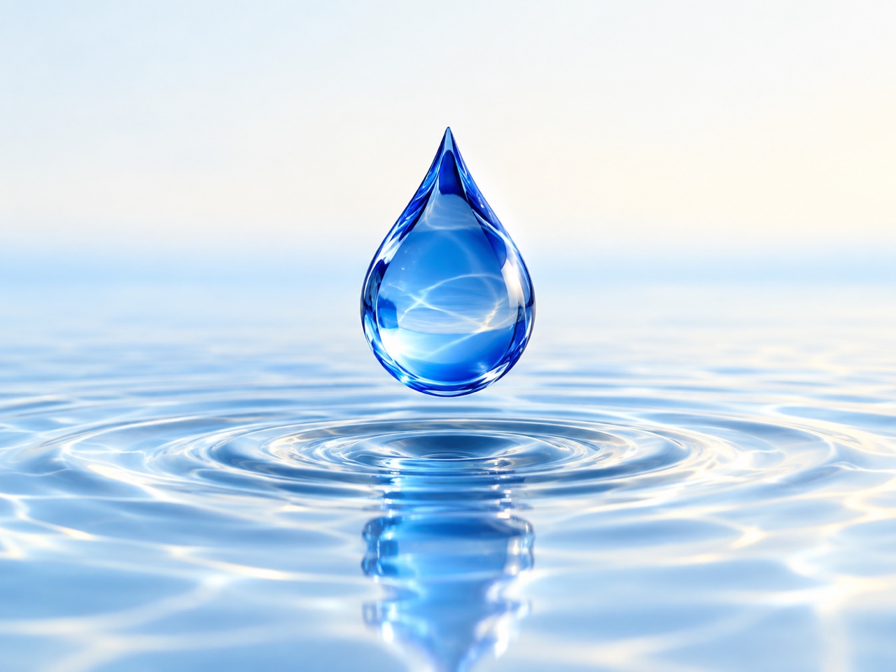 A blue glass droplet floating over gentle ripples
